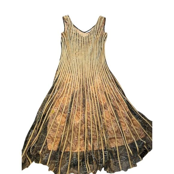 MODELLA Pleated Sleeveless Gold/ Multi-Color Print Overlay Midi Dress Size L - Picture 2 of 16